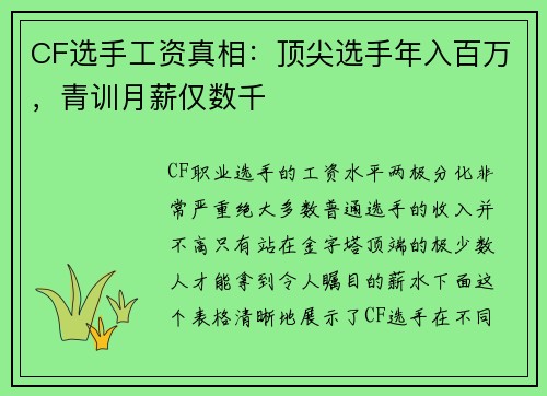 CF选手工资真相：顶尖选手年入百万，青训月薪仅数千